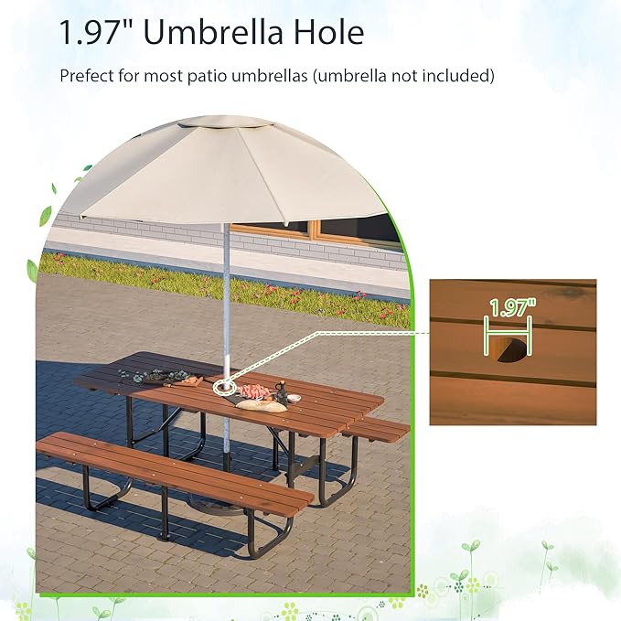 Outdoor Picnic Table with Benches, 6 - Person Picnic Table, Wooden Patio Dining Set, 1.97'' Umbrella Hole, Waterproof and Rounded Corners Design for Backyard, Garden, Park, Restaurant, Picnic, Natural