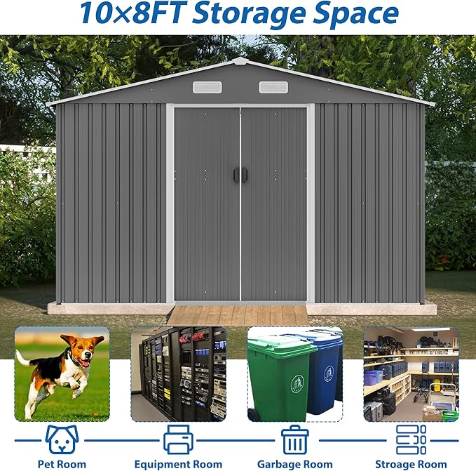 10X8 FT Outdoor Storage Shed with Galvanized Steel Construction & Lockable Doors,All Weather Garden Tool House Sheds W/Sliding Doors and Padlock,for Patio,Backyard,Lawn,Gray