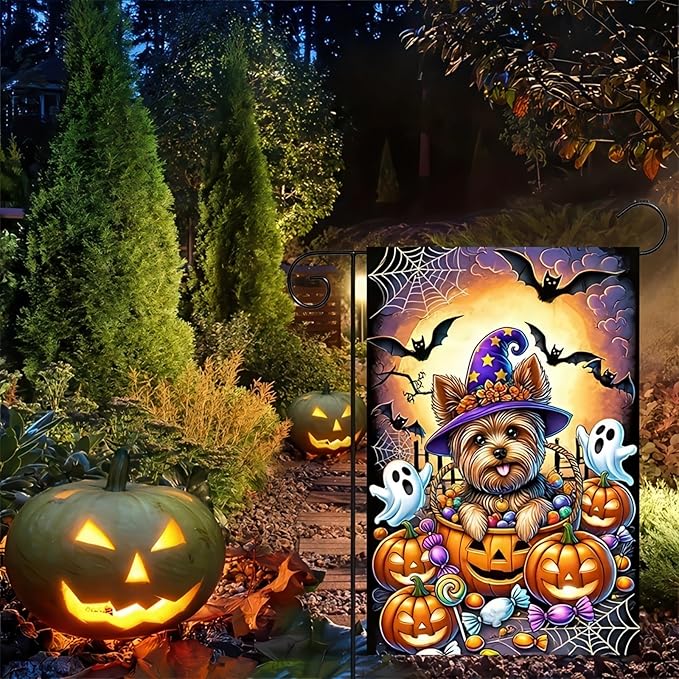 Halloween Garden Flag Double Sided 12x18 Flag Dog Ghosts Pumpkins Halloween Flag Yorkie Dog Witch Hat With Pumpkins Ghosts Bats Outdoor Halloween Decoration And Yard Lawn Banner