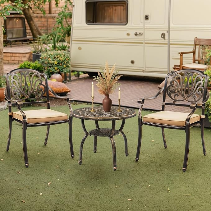 Outvita Patio Side Table, 23.6in Outdoor Round Cast Aluminum Bistro Table and Antique Design for Backyard Porch Pool Balcony Deck Bronze