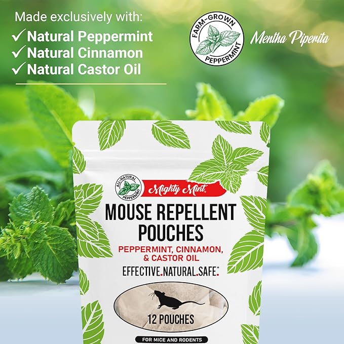 Mighty Mint Mouse Repellent Pouches – Peppermint, Castor Oil & Cinnamon Formula – Natural Indoor Deterrent for Mice and Rodents – Plant-Based, Long-Lasting Protection – 12 Count (Pack of 2)