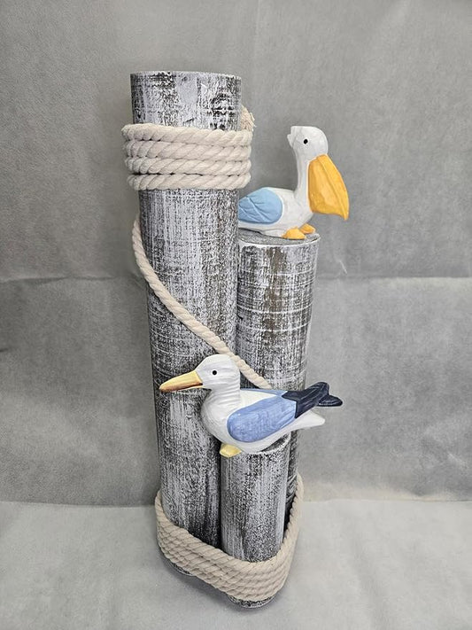 Pelican and Seagull Statue on Wood Pilings – Coastal Garden Decor, Nautical Bird Sculpture for Porch, Pool, Patio or Beach House - Marine Bird Sculpture Nautical Decor