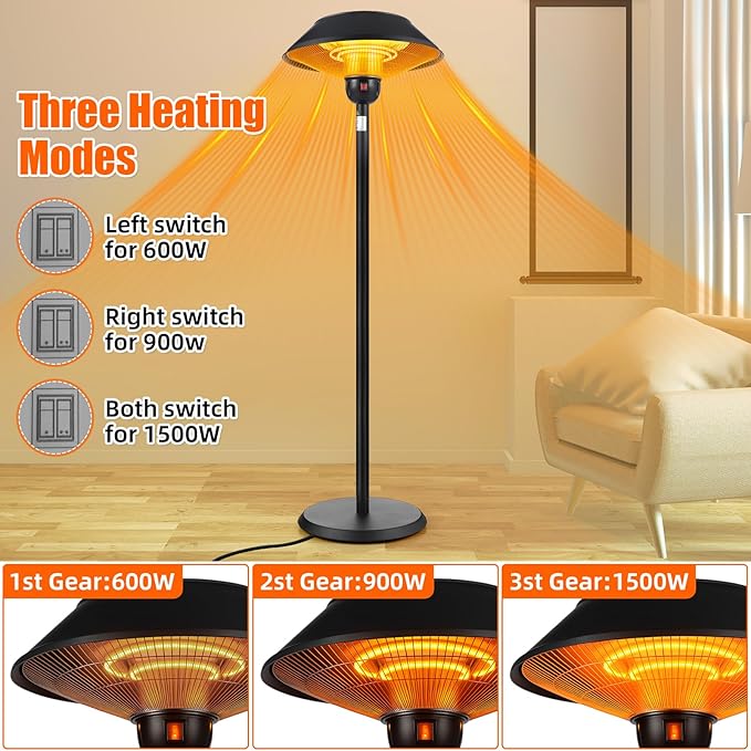 Patio Electric Outdoor Heater Stainless Steel 1500W Standing Infrared Heaters with Dust Cover for Indoor/Outdoor Use, 3 Heat Settings, Fast Heating, Height Adjustable, Tip-Over Protection