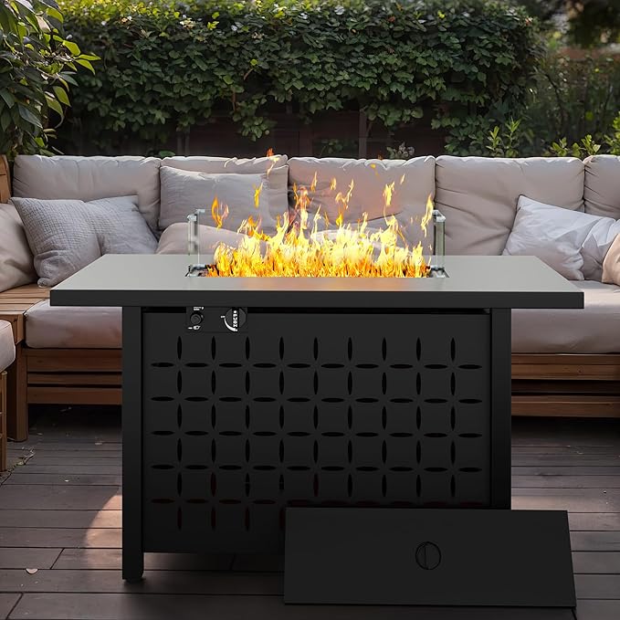 JAMFLY Propane Fire Pit Table, 43'' Gas Fire Pits Table for Outside, 2 in 1 Propane Fire Pit 50,000 BTU with Lava Rocks, Glass Wind Guard, Waterproof Cover and Lid