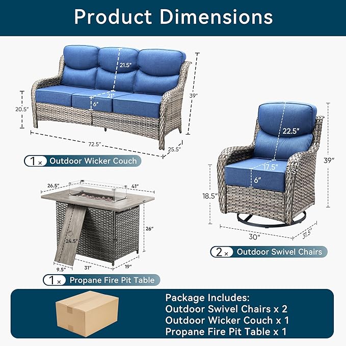 Luxury High Back Outdoor Furniture 6-Inch Thick Cushions with 50,000 BTU Gas Propane Fire Pit Tablet, Patio Furniture Set with Swivel Chairs, for Porch, Balcony, Deck and Yard