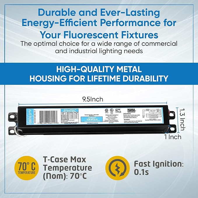 ICN4P32N, 120-277V, 50-60Hz Input Frequency, Solid Wire Type, Instant Start Centium Electronic Fluorescent Ballast for 4 F32T8 Lamp Type, Indoor/Outdoor Use with Automatic Restart Ballast Box, 10 Pack