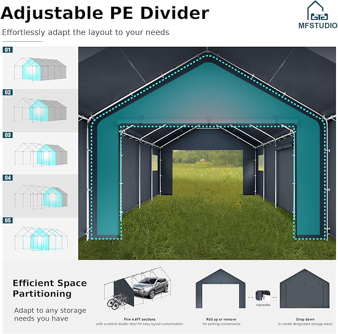 MFSTUDIO Outdoor Carport 13x24 ft, Portable Storage Sheds Shelter Garages Heavy Duty Canopy with Rolled up Zipper Doors and Sidewalls, Outside Utility Shed Garage Car Tent for Boat Truck and Tools