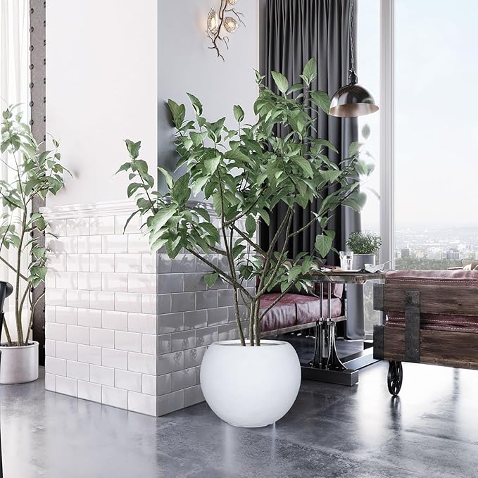 13.5 H x 17" Dia (12" Pot Opening) Round Fiberstone Planter with Drainage Hole, White, Indoor/Outdoor Large Plant Pot for Home Patio Garden, Ideal for Large Plants