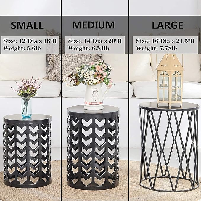 Y&M Nesting Side Table, Set of 3 Stacking Coffee Table for Living Room, Indoor End Tables, Outdoor Decorative Garden Stool with Heavy Duty Metal Frame Modern Industrial Decor - Pure Black
