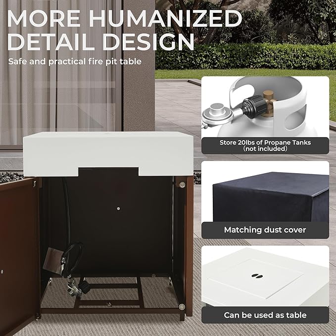 MBY 22" Aluminum Fire Pit Table, 37,000 BTU Gas Firepit for Outdoor Patio Deck and Garden, CSA Certified Fire Pit with Lid, Waterproof Cover, Glass Wind Guard and Glass Stone, Brown