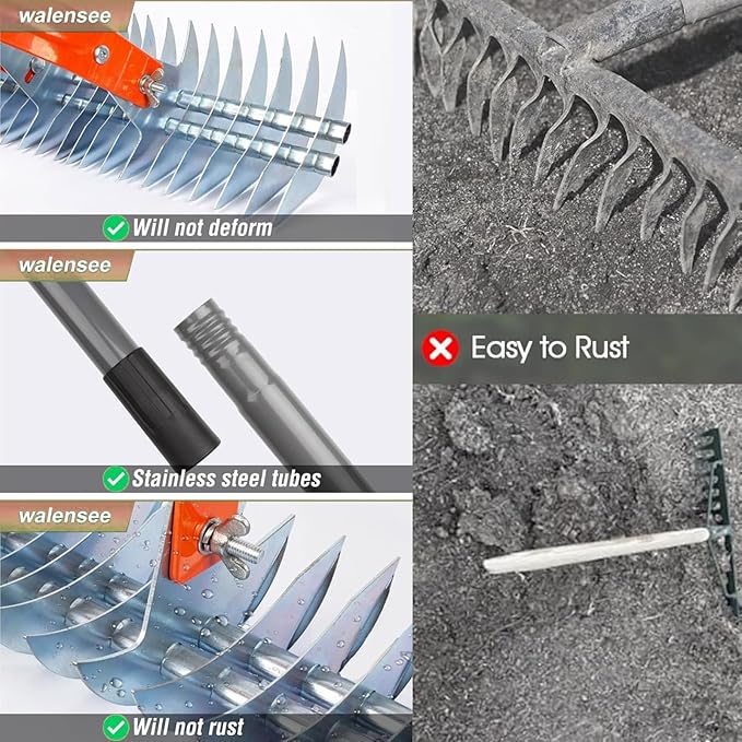 Thatch Rake, 15-Inch Steel Lawn Dethatcher with Handle, Robust Dethatcher Rake, Heavy Duty Grass Cleaning Tool for Dead Grass and Soil Loosening, Yard Garden Durable Soil RAK e