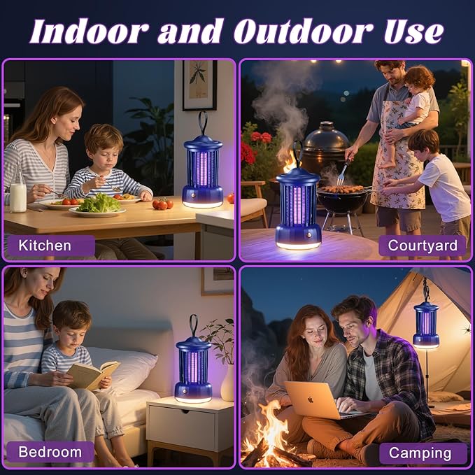 Bug Zappers, Portable USB Rechargeable with 360° Smart Zapping, Camping Lamp, Quiet Operation, Safe for Baby and Pregnant, Ideal for Garden, Home, Campsite