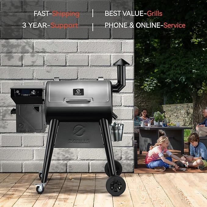 Z GRILLS Wood Pellet Grill Smoker with PID 2.0 Controller, 459 SQ.IN, 450°F Max Temperature, 8 in-1 BBQ Grill, LCD Screen, Meat Probes, Rain Cover, Backyard Camping Bake and Roast, 450E