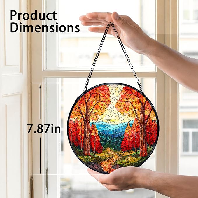 TNUW Fall Forest Stained Glass Window Hanging, Rustic Autumn Landscape Sun Catchers Indoor Window Glass Round Wall Art Decor, Fall Autumn Wall Hanging Decorations, 7.9＂x7.9＂