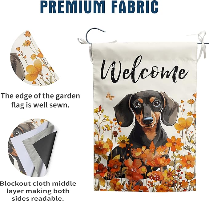 Floral Dachshund Garden Flag Fall Yard Flag Wildflower Dog Garden Flags Orange Autumn Lawn Flags Welcome Thanksgiving Outdoor Flags for Outside 12x18 Double Sided Small