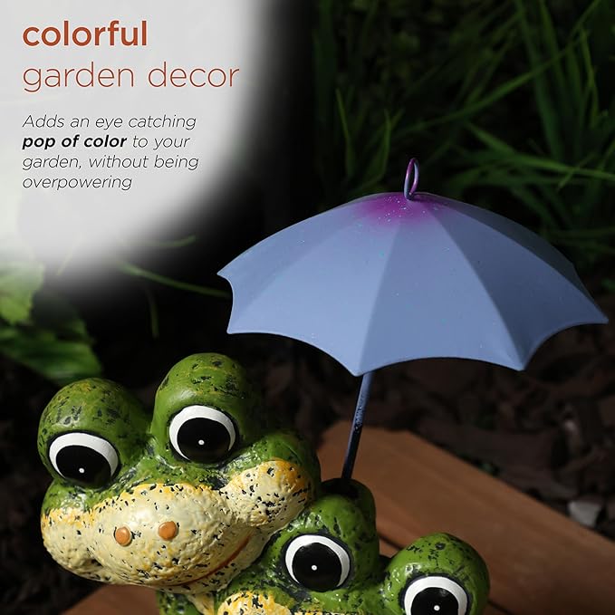 Alpine Corporation QWR1008HH Frog Duo with Purple Umbrella Statue, Playful Statuary Decor for Garden, Patio, & Lawn, 11" H