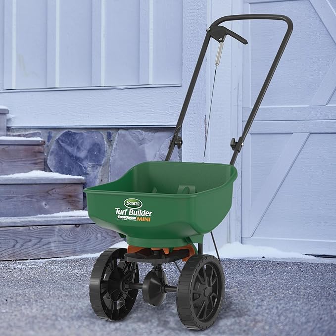 Scotts Turf Builder EdgeGuard Mini Broadcast Spreader for Seed, Weed and Feed, Fertilizer, Salt, Ice Melt, Push Spreader Holds up to 5,000 sq.ft. Product