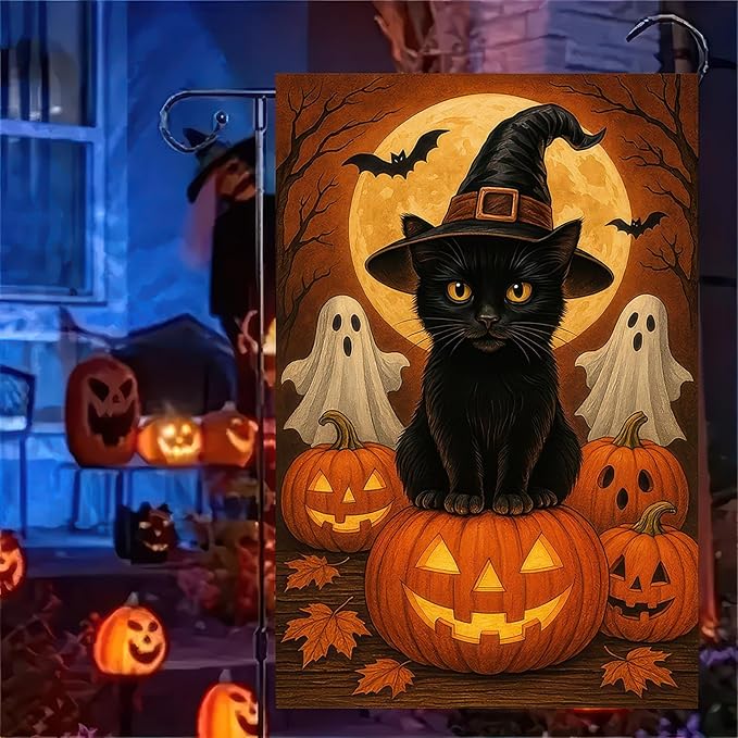 Garden Flags 12x18 Inch Halloween Black Cat Garden Flag Witch Hat Pumpkin Ghosts Double-Sided Spooky Fall Yard Decorations for Outdoor Porch Lawn Welcome Sign Holiday Banner