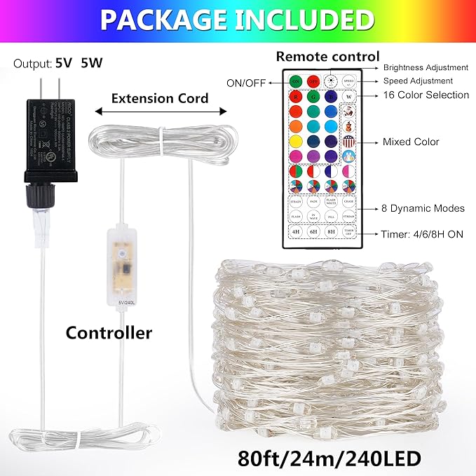 OMIKA 80ft Fairy Lights Plug in with Remote, 24 Colors 196 Modes Color Changing String Lights Dimmable, 240 LED Twinkle Lights with Timer for Outdoor Party Bedroom Indoor Christmas Halloween Decor
