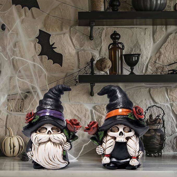 Hodao Halloween Gnomes Decorations Indoor, Resin Halloween Skull Head Handmade Figurines with Witch Hat & Rose Decor for Gift Home Bedroom Party Office Table - 2 Pcs, Black Hats