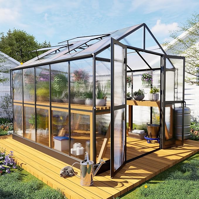 HOWE 8x10x7.5 FT Polycarbonate Greenhouse Double Swing Doors 2 Vents 5.2FT Added Wall Height, Walk-in Large Aluminum Greenhouse Sunroom Winter Greenhouse for Outdoors, Black (54FG-5)