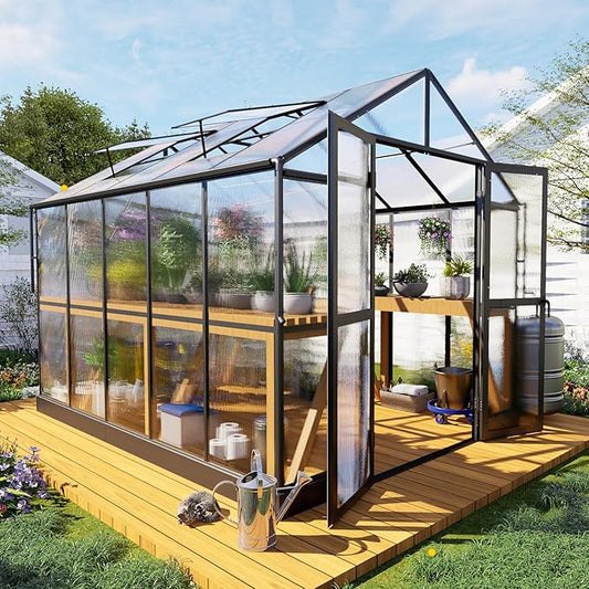 HOWE 8x10x7.5 FT Polycarbonate Greenhouse Double Swing Doors 2 Vents 5.2FT Added Wall Height, Walk-in Large Aluminum Greenhouse Sunroom Winter Greenhouse for Outdoors, Black (54FG-5)