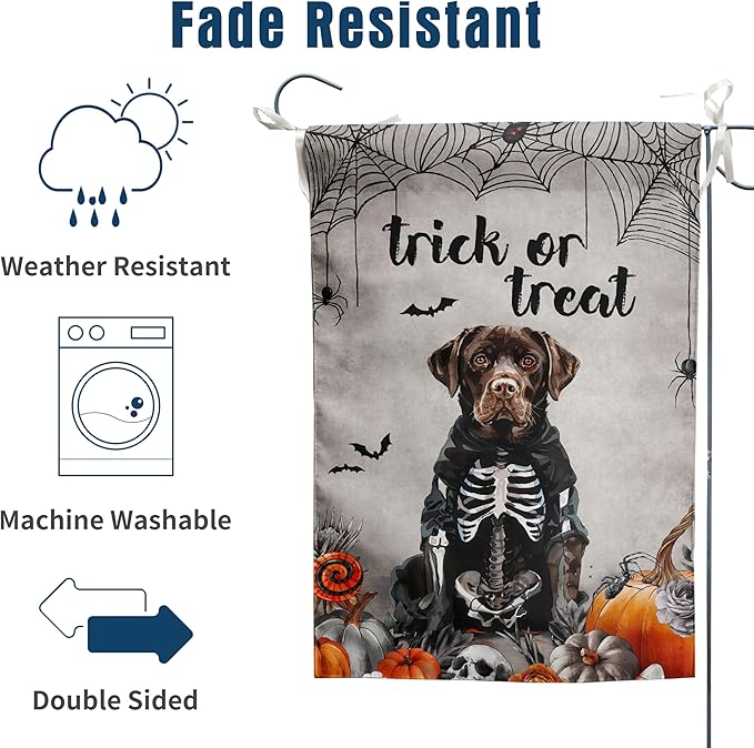 Halloween Chocolate Lab Garden Flag Trick or Treat Yard Flag Ghost Labrador Dog Garden Flags for Outside 12x18 Double Sided Mini Skeleton Halloween Decor Outdoor Lawn Welcome Flag