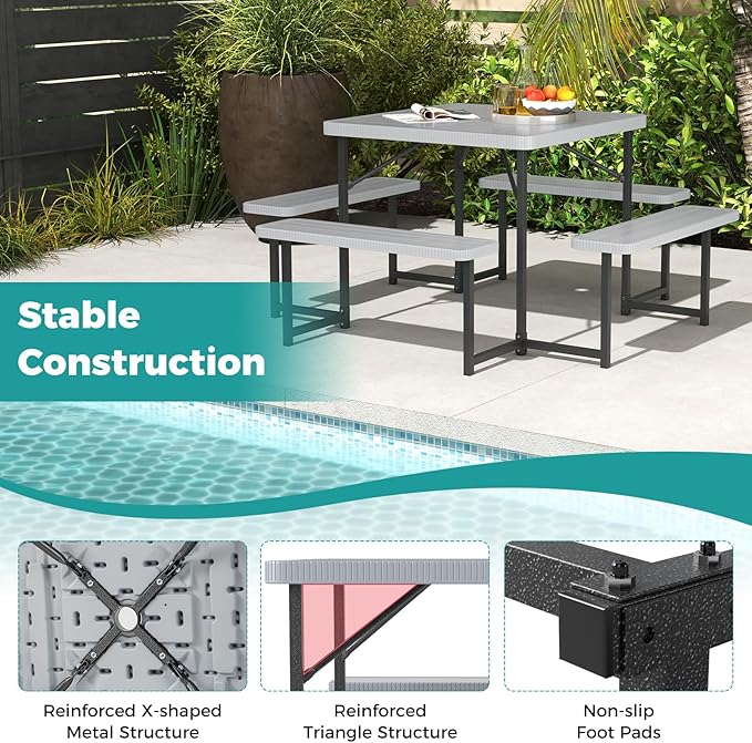Giantex Picnic Table Bench Set for 4-8 People, 34" Outdoor Square Dining Table & 2 Benches w/Umbrella Hole, HDPE Tabletop, Metal Frame, Patio Camping Furniture for Backyard Porch Lawn (Grey,Square)