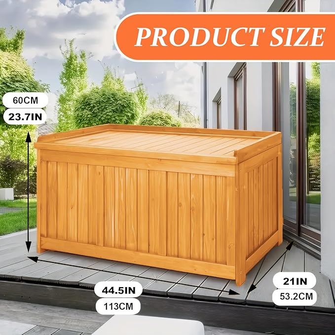 65 Gallon Outdoor Solid Wood Deck Box, Fir wood storage box Deck Box with Sealed Hinged Lid, Furniture Storage Cabine Patio Tool, Backyard Tool, Garden Tool, Pool Equipment, Camping Gear