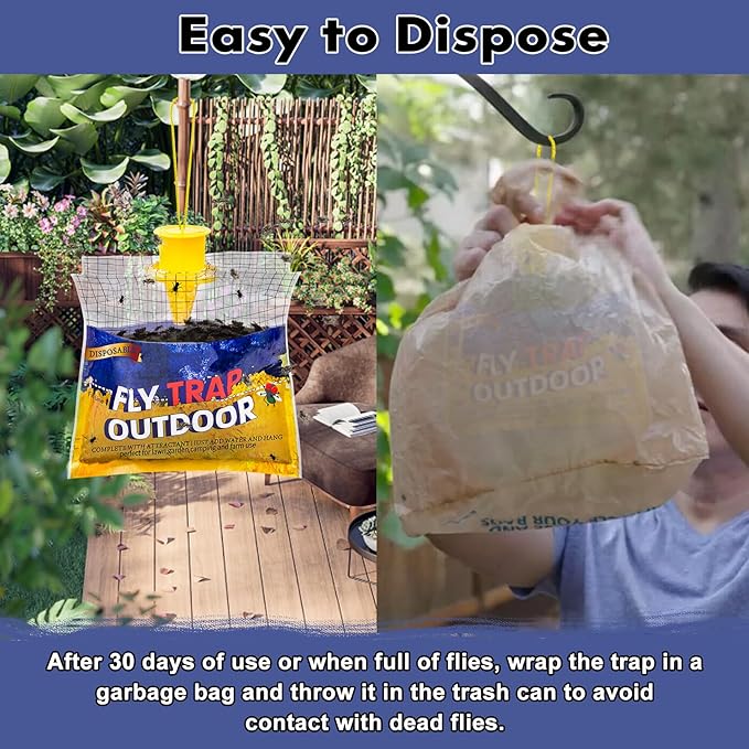 Disposable Fly Traps 10 Pack Bags Outdoor, Flies Catcher Traps with Natural Pre-Bait Refill Repellent, Reusable Stable Horse Ranch Trapper Outdoor Hanging Killer Helps Control