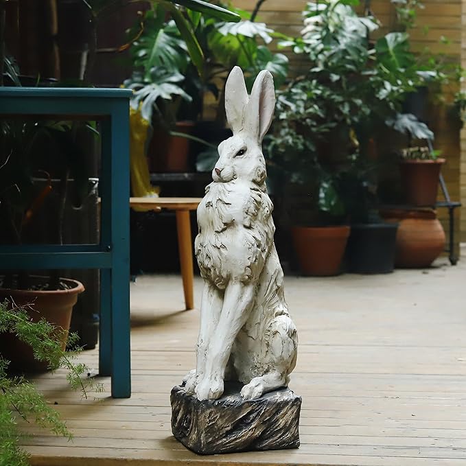 Large Size Noble Sitting Rabbit Bunny Realistic Rabbit Happy Easter Bunny Magnesium Oxide Stone Sculpture Decorations for Indoor Outdoor Garden Statue 30'' High