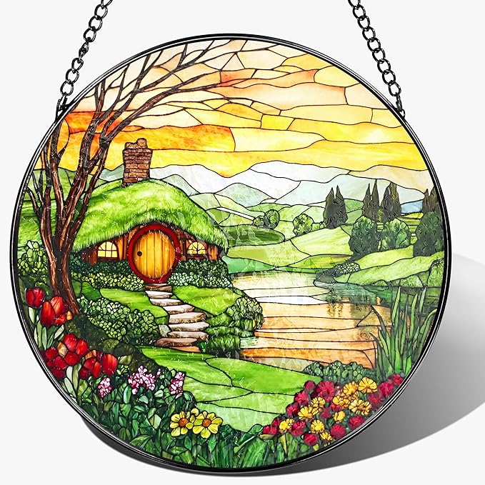 Stained Glass Window Hanging, Pauyadu 8 Inch The Shire Stained Glass Suncatcher, Window Decorations for Home, Mother's Day, Christmas, Birthday Gifts for Women, Mom, and Grandma, Nature Lovers
