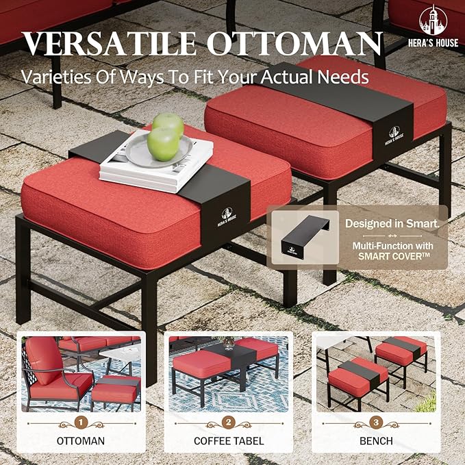 HERA'S HOUSE 7 Piece Patio Furniture Set, 2 x Rocking Chair, 2 x Fixed Chair, 2 x Ottoman, 1 x 3-Seat Sofa, All Cushioned 9 Seats Metal Outdoor Conversation Set for Lawn Garden Backyard