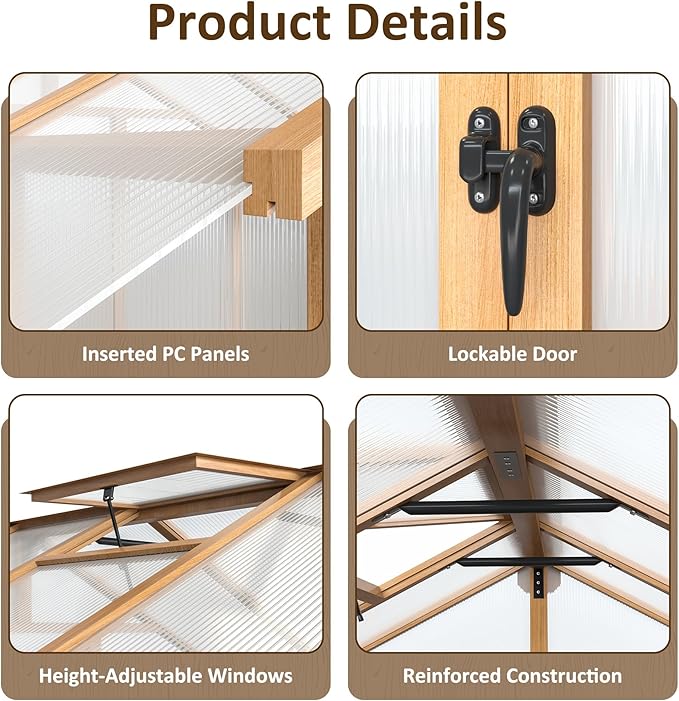 6x12 FT Wooden Greenhouse for Outdoors, Walk-in Greenhouse with 6MM Thick Polycarbonate Panel and Adjustable Roof Vents, Garden Backyard, Wood Colour
