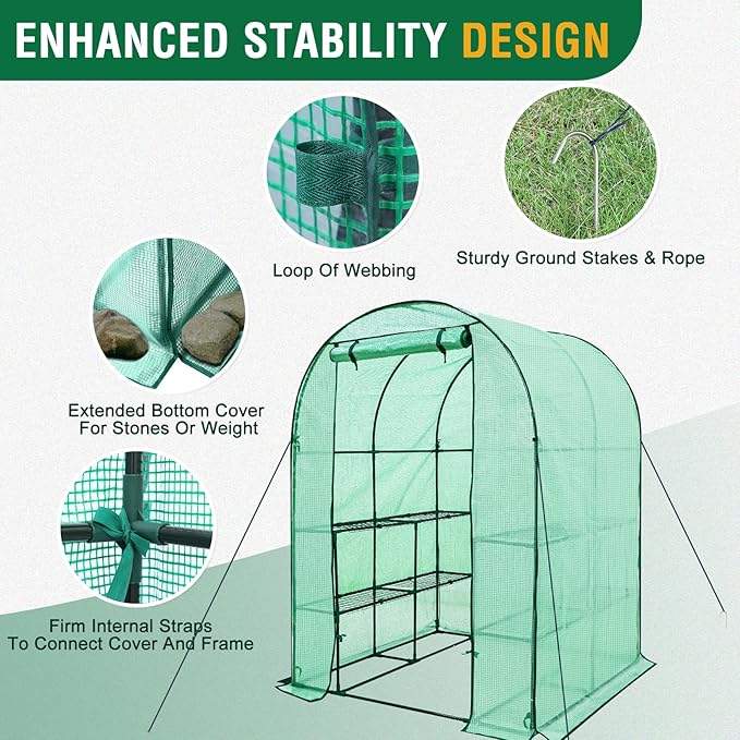EAGLE PEAK 3-Tier Walk in Portable Greenhouse with 8 Wire Shelves, Indoor and Outdoor Garden House with Roll Up Zipper Door and Windows, Easy Set Up, 56.3"x56.3"x76.8", Clear/Green PE Cover