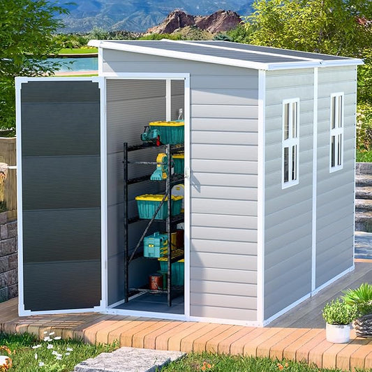 4x8 FT Lean-to Resin Shed with Floor Included, Waterproof Plastic Storage Cabinet, Garden Tool Shed for Outdoor Wall