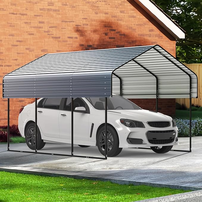 10'x15' Heavy Duty Metal Carport, Outdoor Garage Car Shelter Shade with Heavier Frame, Galvanized Roof for Car and Boats, Grey