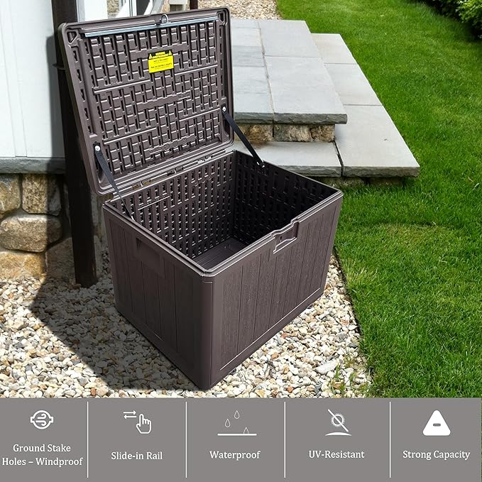 33GAL Brown Blow - Molded Outdoor Deck Box with Lockable Lid - Waterproof, SGS - Certified UV Resistance, Durable Construction for Garden Tool and Pool Accessory Storage, Simple Assembly