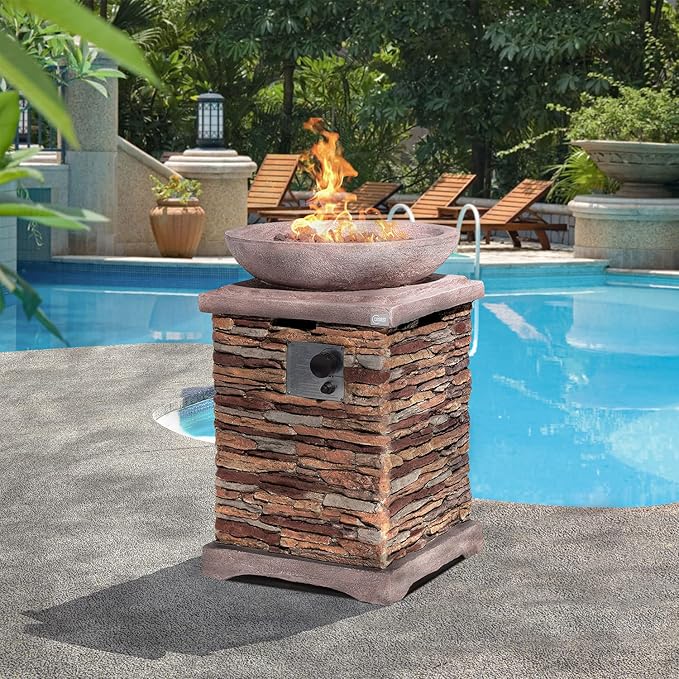 COSIEST Outdoor Propane Fire Pit Table w Faux Brown Compact Ledge Stone 20" Square Base and Faux Rose-Marble Round Bowl, CSA Certified, 40,000 BTU, Free Lava Rocks, Fits 20lb Tank Inside, Raincover