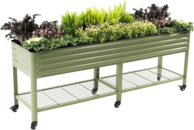 Rolling Elevated Raised Garden Bed-V Series, 2' x 8' Garden Beds with Legs & Storage Rack for Patio & Porch, 1400 Lbs Weight Capacity, Outdoor Planter Box for Vegetables Flower Herbs, Olive Green