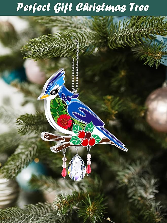 KY&BOSAM Crystal Blue Bird Suncatcher Handmade Bird Sun Catcher for Windows with Real Dried and Pressed Flowers Heart Charm Engraved with Crystal Gifts for Mom Mother`s Day Birthday