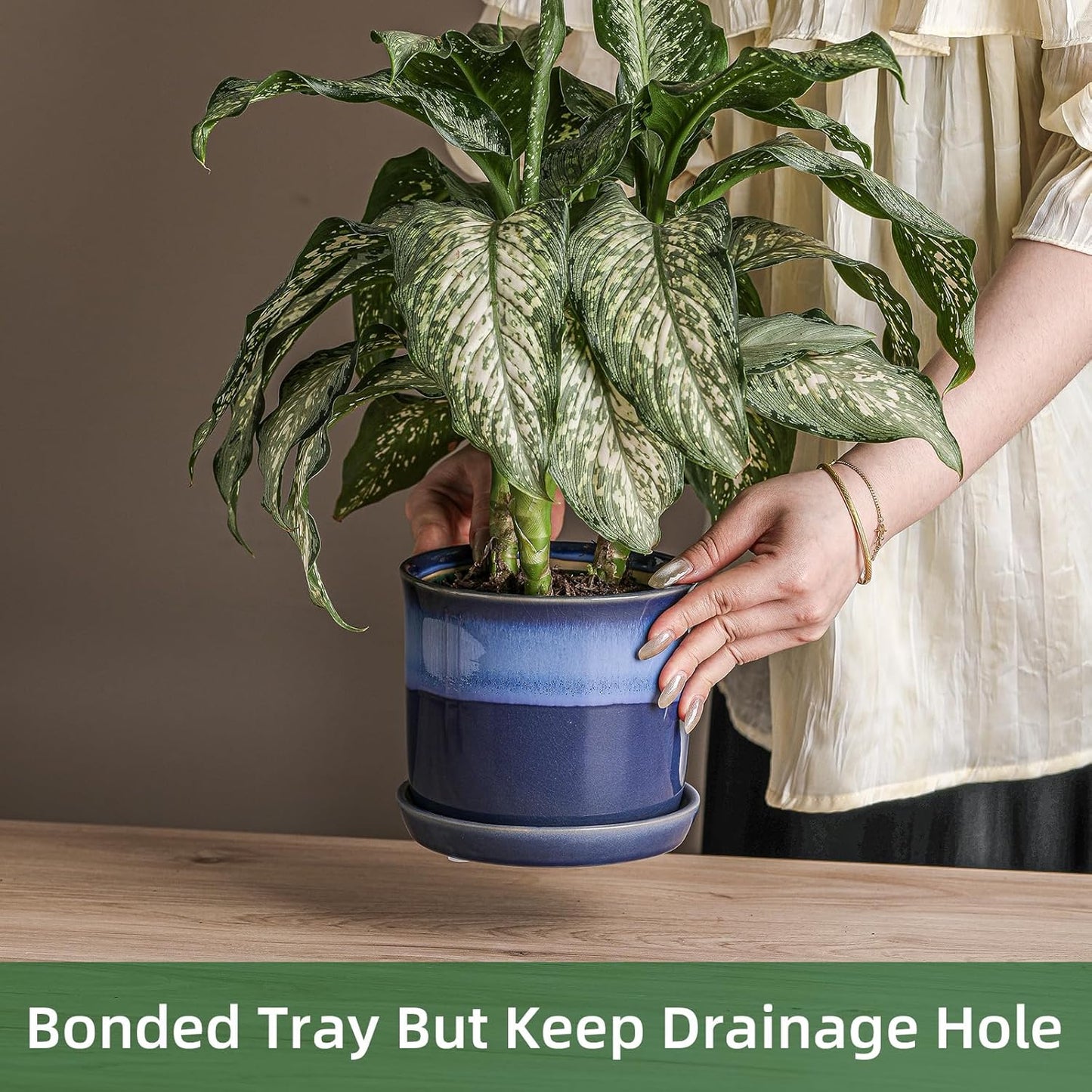 5.8 Inch Plant Pot: Ceramic Planter with Drainage Hole & Saucer for Indoor Outdoor Plants - Flowerpot with Bonded Tray for Home Office - Blue Reactive Glaze