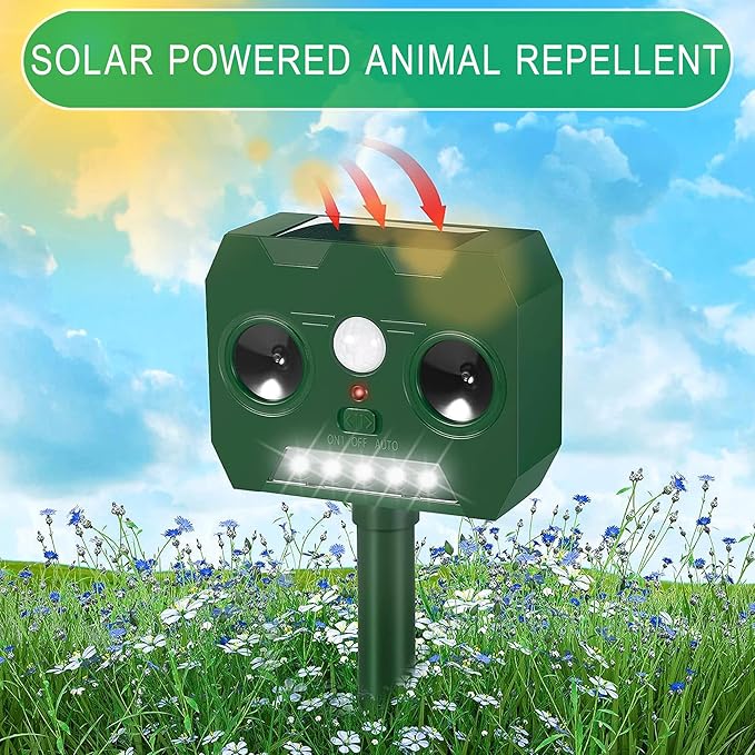 Ultrasonic Animal Repellent Outdoor Deer Repellent Devices Solar Powered,Squirrel Repellent Motion Detection, Waterproof Cat Dog Deterrent Rabbit Fox Pest Raccoon Rodent Repellent for Yard Farm Garden