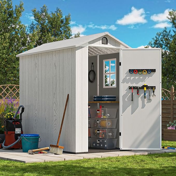Patiowell 4' x 6' Outdoor Storage Shed with Floor, Plastic Shed Outside Resin Tool Shed with Window and Lockable Door for Backyard Garden Patio Lawn, White (Fit-it Shed)