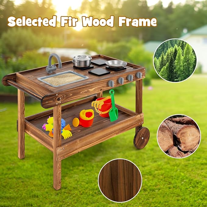 Honey Joy Mud Kitchen with Wheels - Fir Wood Outdoor Play Kitchen for Toddlers, Garden Sink, Stoves, Storage Shelf, Kids Outdoor Backyard Kitchen Playset