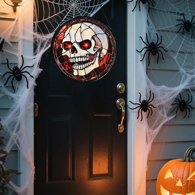 Stained Glass Window Hanging - Halloween Decorations White Skeleton Suncatcher for Doors Garden Indoor Spooky Funny Red Sun Catchers Gothic Decor Horror Gifts for Women Men Friend 11.8 in