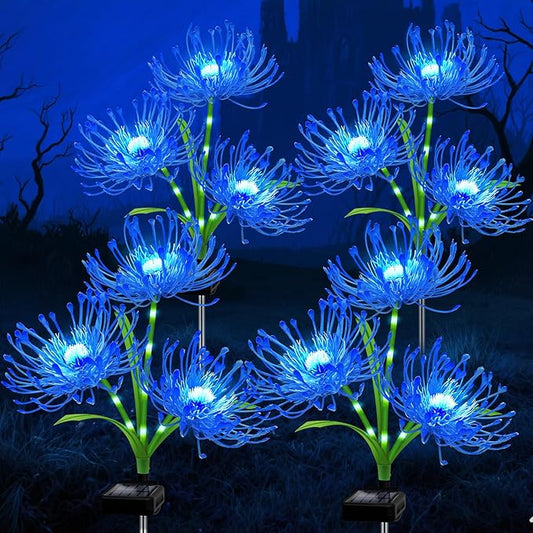 Solar Outdoor Lights Blue Spider Lily – 4 Pack 12-Head Waterproof Garden Flower Lights with Glowing Stems,Decorative Solar Powered Yard,Patio & Lawn Decor,Halloween & Gardening Gifts for Women Grandma