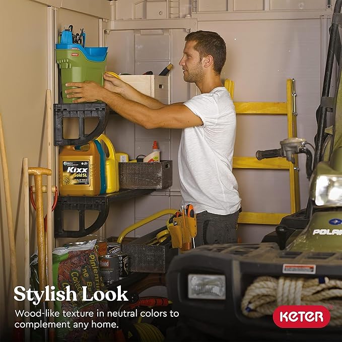 Keter Factor 8 x 11 Foot All Weather Resin Outdoor Storage Shed with 2 Shelves Included and Built-in Ventilation for Backyard Organization, Taupe