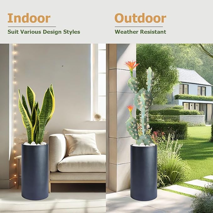 19.5"H x 9.8"D Tubo Fiberstone Cylinder Tall Planter with Drainage Hole, Smooth Finishes, Weather Resistant for Indoor and Outdoor Use, Included 2 Extra Coco Mats (Black, 8.2" Pot Opening)