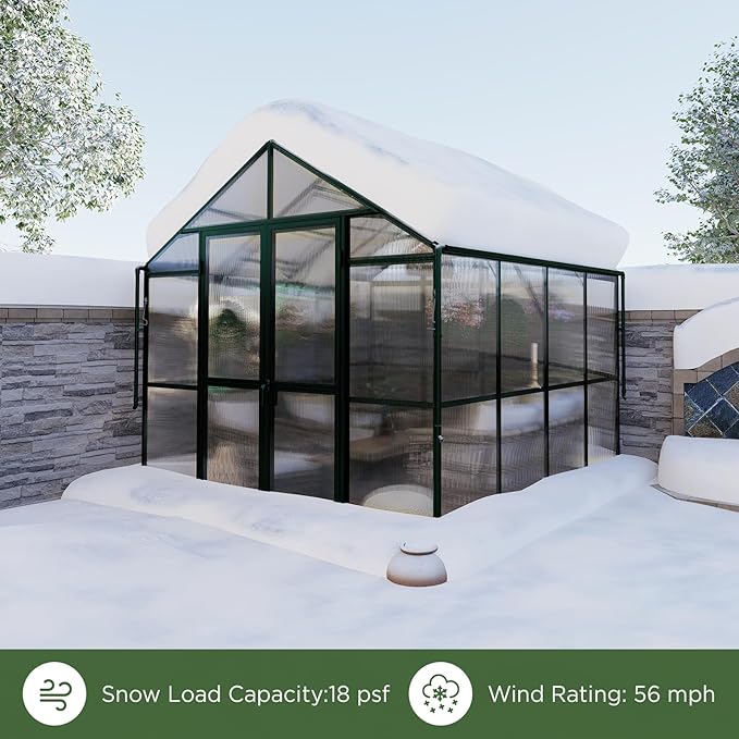 HOWE 8x8x7.5 FT Aluminum Greenhouses for Outdoors,Polycarbonate Greenhouse with 2 Vents Lockable Swing Door Rain Gutter,Walk-in Greenhouse for Backyard Plants,Green